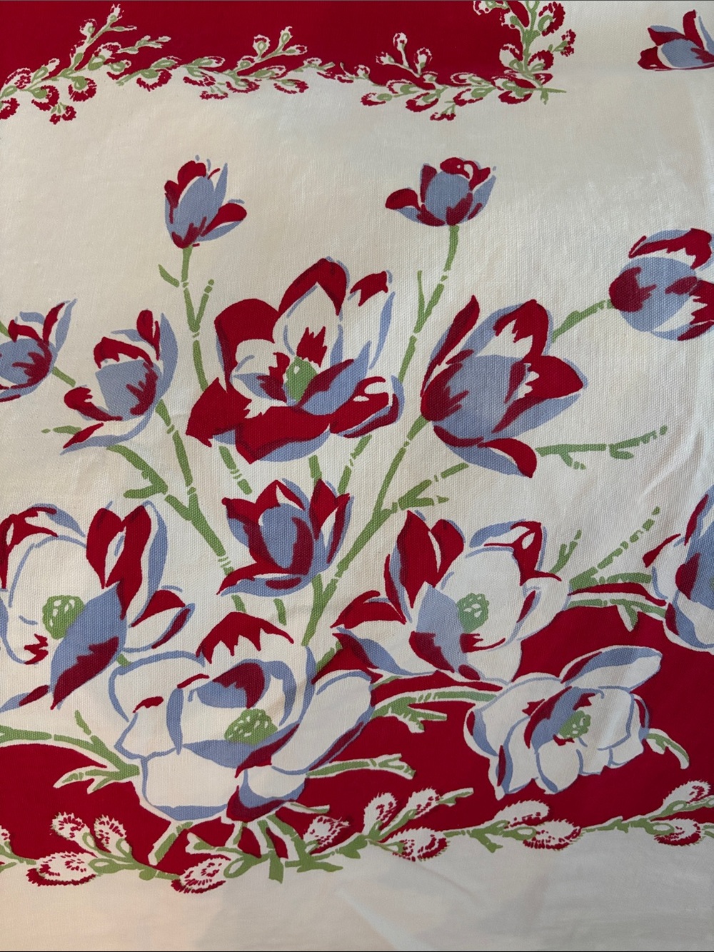 Large Vintage Rectangle Floral Table Red and Light Blue Linen Tablecloth